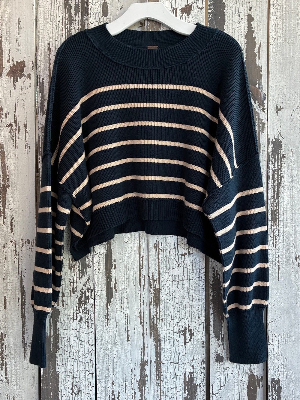 FREE PEOPLE EASY STREET Striped Cropped Pullover Sweater— Navy and Tan Size M